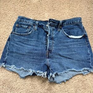 Denim Button-Up Short with Raw Hem - Blue